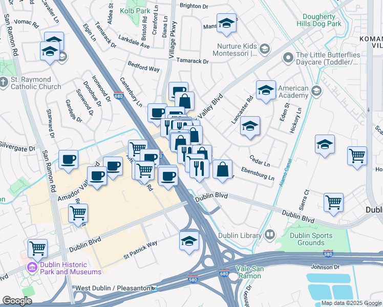 map of restaurants, bars, coffee shops, grocery stores, and more near 6950 Portage Road in Dublin