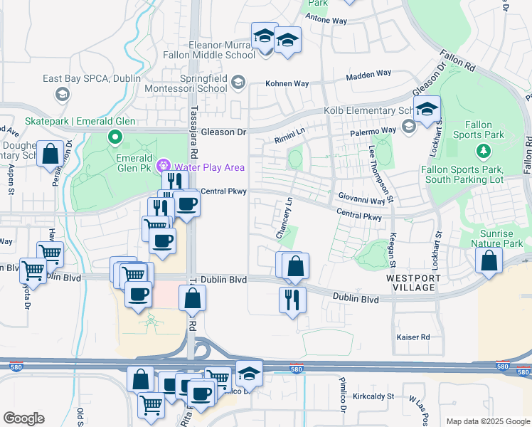 map of restaurants, bars, coffee shops, grocery stores, and more near 3658 Whitworth Drive in Dublin