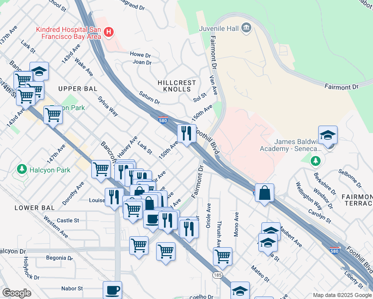 map of restaurants, bars, coffee shops, grocery stores, and more near 15015 Freedom Avenue in San Leandro
