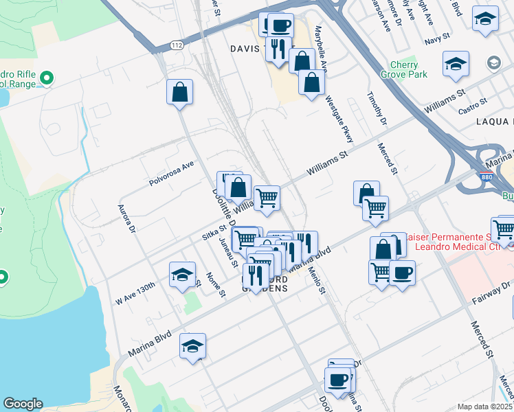 map of restaurants, bars, coffee shops, grocery stores, and more near 2109-2197 Williams Street in San Leandro