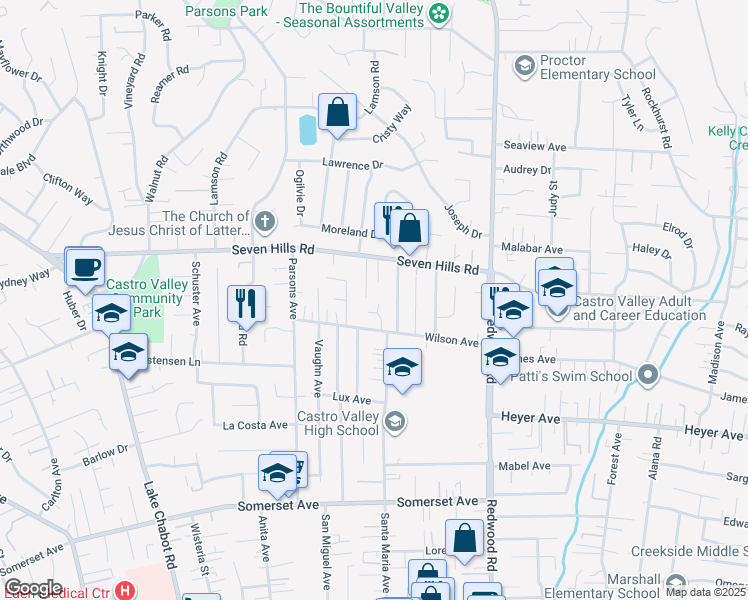 map of restaurants, bars, coffee shops, grocery stores, and more near 18866 Lenross Court in Castro Valley