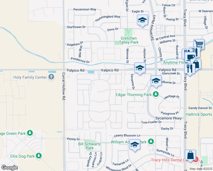 map of restaurants, bars, coffee shops, grocery stores, and more near 1499 Bluegrass Ln in Tracy