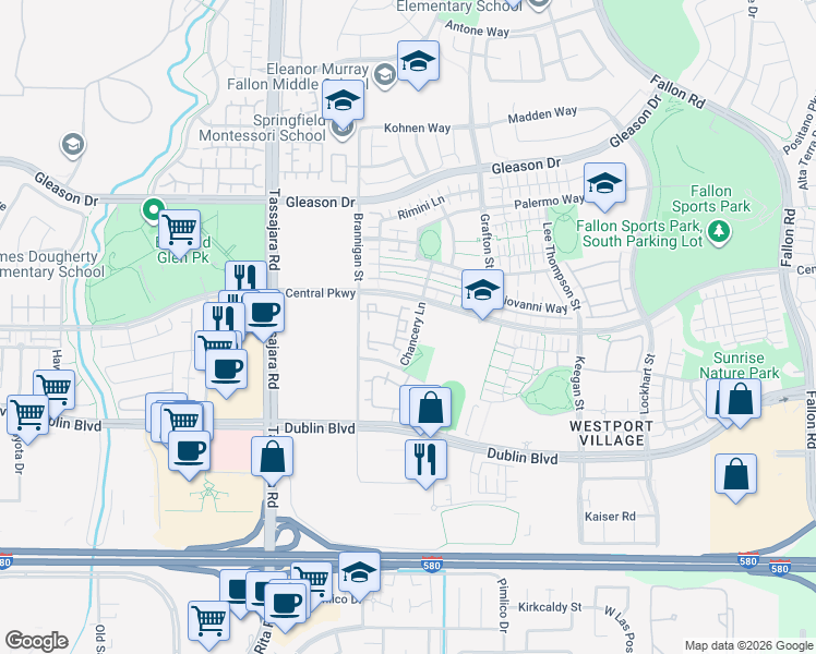 map of restaurants, bars, coffee shops, grocery stores, and more near 4490 Chancery Lane in Dublin