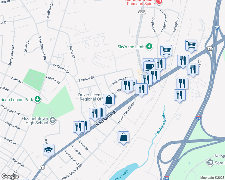 map of restaurants, bars, coffee shops, grocery stores, and more near 1012 Navaho Drive in Elizabethtown