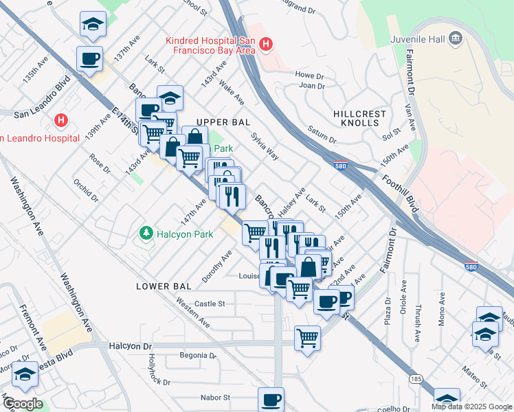 map of restaurants, bars, coffee shops, grocery stores, and more near 14857 Bancroft Avenue in San Leandro