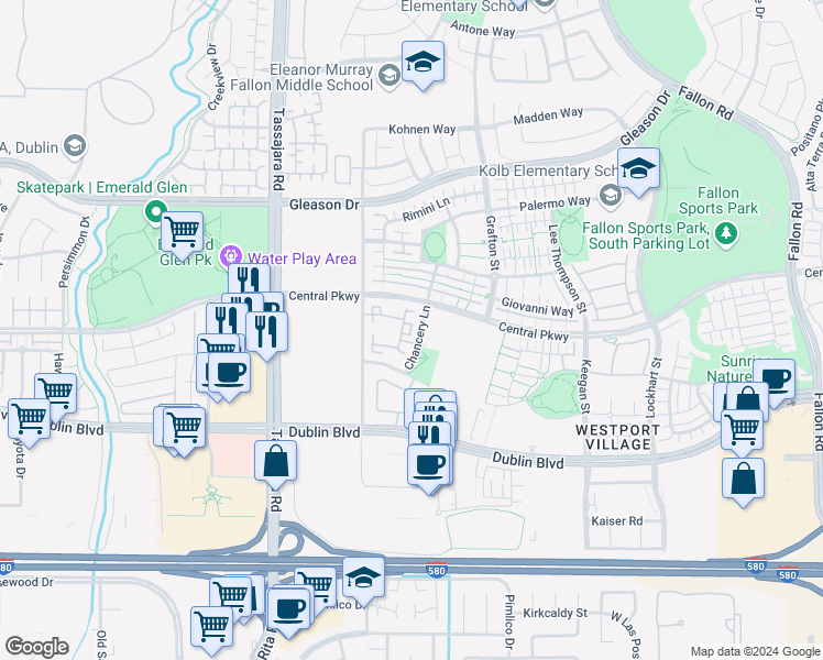 map of restaurants, bars, coffee shops, grocery stores, and more near 3783 Dunmore Lane in Dublin