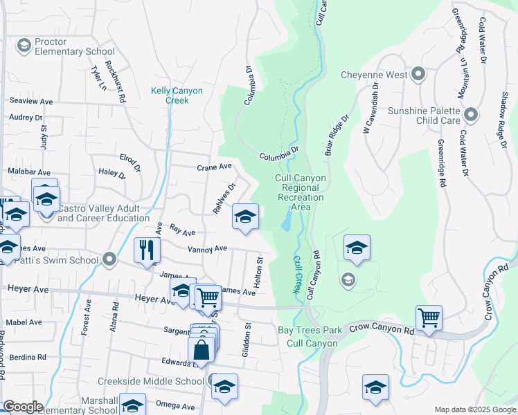 map of restaurants, bars, coffee shops, grocery stores, and more near 5295 Winifred Drive in Castro Valley