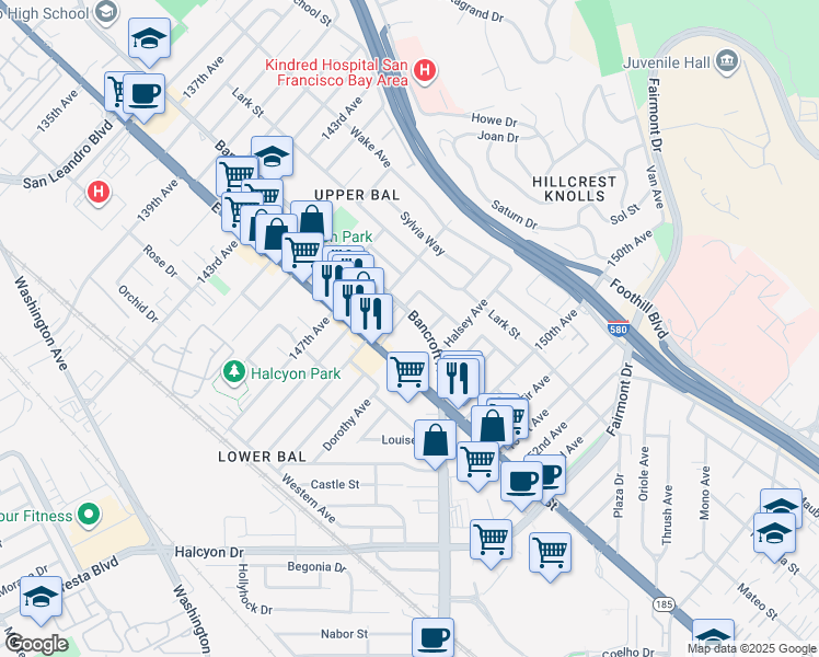 map of restaurants, bars, coffee shops, grocery stores, and more near 14857 Bancroft Avenue in San Leandro