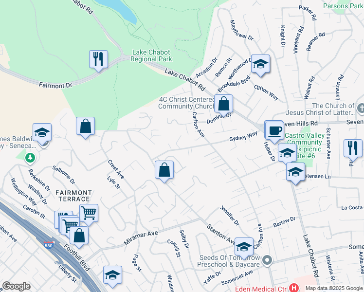 map of restaurants, bars, coffee shops, grocery stores, and more near 2812 Sydney Way in Castro Valley