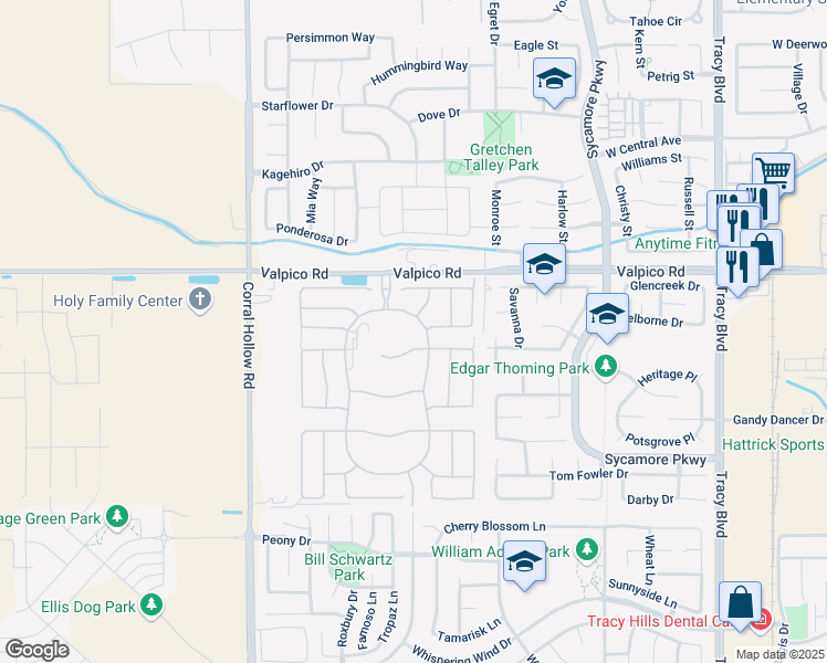 map of restaurants, bars, coffee shops, grocery stores, and more near 1499 Bluegrass Ln in Tracy