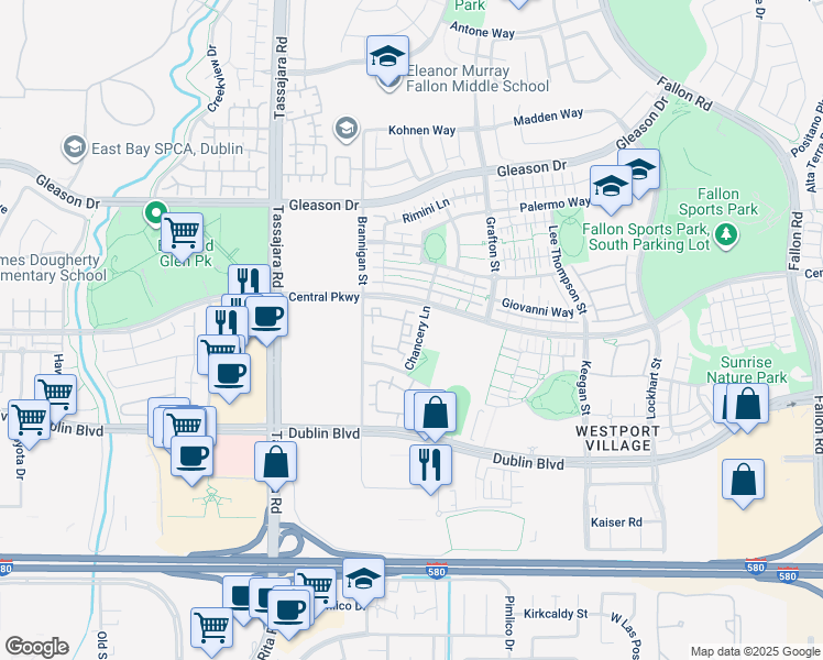 map of restaurants, bars, coffee shops, grocery stores, and more near 4490 Chancery Lane in Dublin