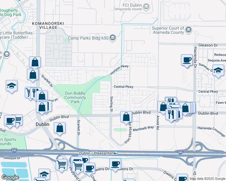 map of restaurants, bars, coffee shops, grocery stores, and more near 5780 El Dorado Lane in Dublin