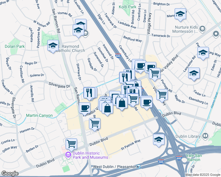 map of restaurants, bars, coffee shops, grocery stores, and more near 7590 Amador Valley Boulevard in Dublin
