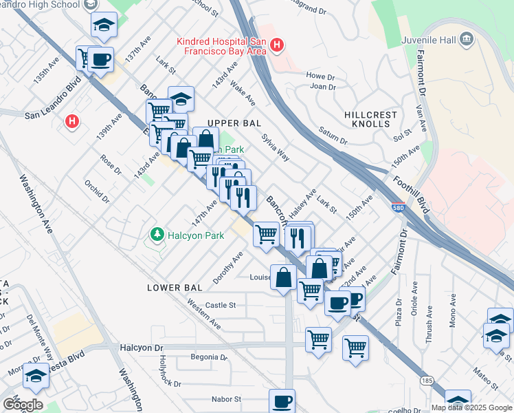 map of restaurants, bars, coffee shops, grocery stores, and more near 14857 Bancroft Avenue in San Leandro