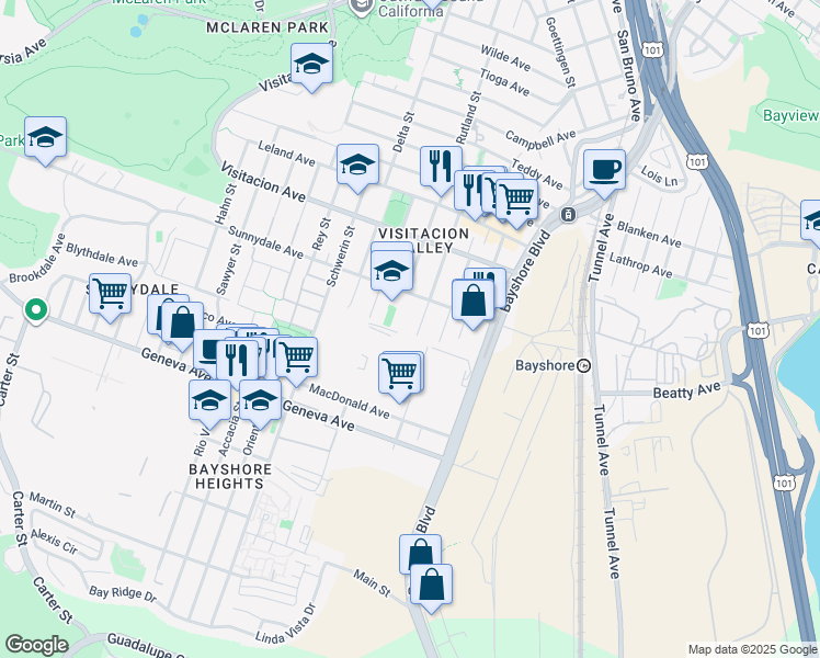 map of restaurants, bars, coffee shops, grocery stores, and more near 266 Peabody Street in San Francisco
