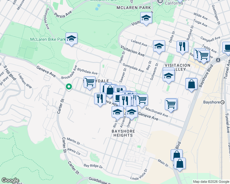 map of restaurants, bars, coffee shops, grocery stores, and more near 38 Calgary Street in San Francisco