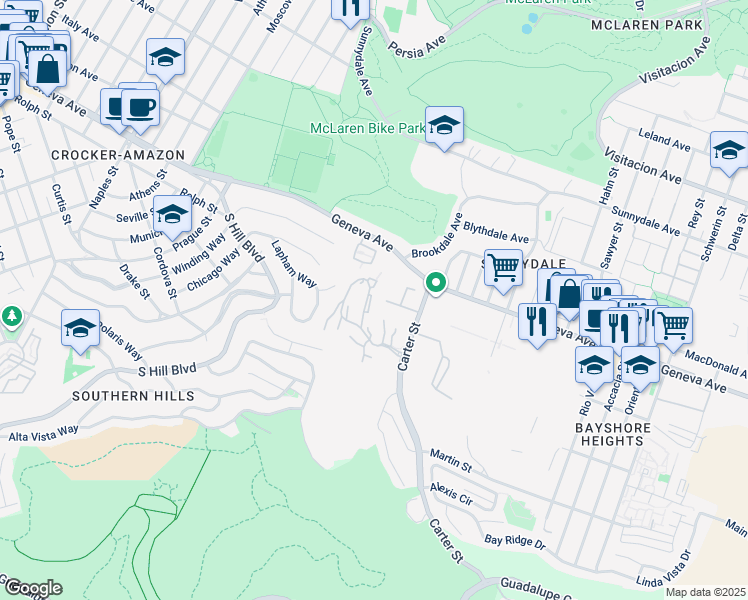 map of restaurants, bars, coffee shops, grocery stores, and more near 1608 Birchwood Court in San Francisco