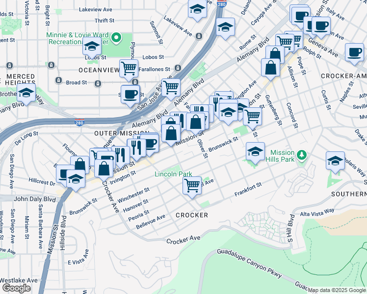 map of restaurants, bars, coffee shops, grocery stores, and more near 850A Brunswick Street in San Francisco