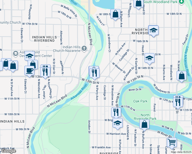 map of restaurants, bars, coffee shops, grocery stores, and more near in Wichita