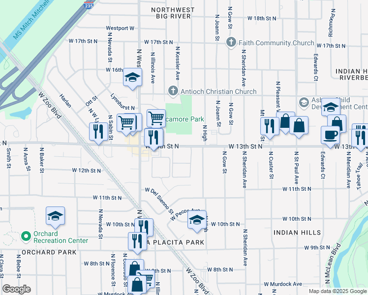 map of restaurants, bars, coffee shops, grocery stores, and more near 3619 West 13th Street North in Wichita
