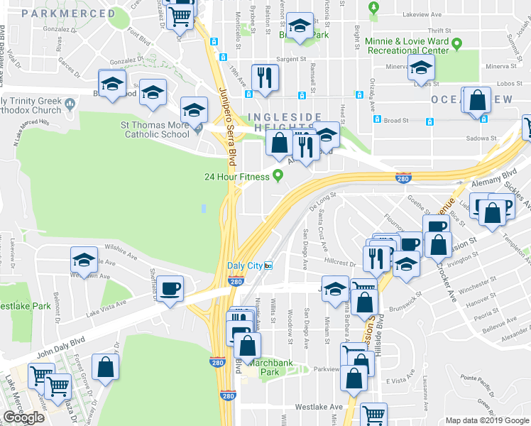 map of restaurants, bars, coffee shops, grocery stores, and more near 285 Saint Charles Avenue in San Francisco