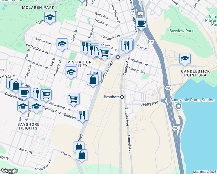 map of restaurants, bars, coffee shops, grocery stores, and more near 290 Sunnydale Avenue in San Francisco
