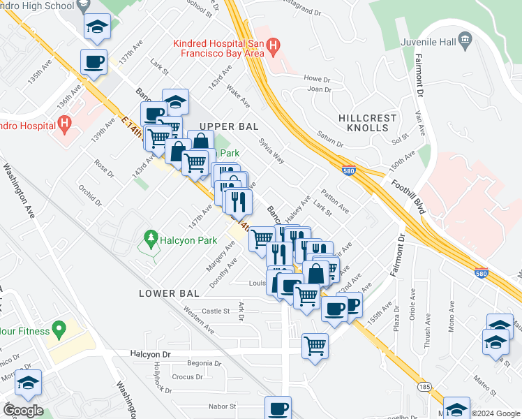 map of restaurants, bars, coffee shops, grocery stores, and more near 14855 Bancroft Avenue in San Leandro