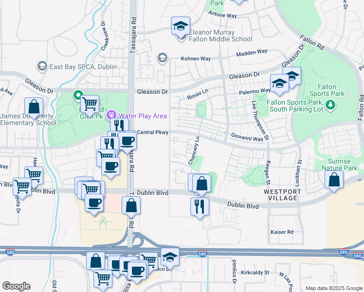 map of restaurants, bars, coffee shops, grocery stores, and more near 3730 Whitworth Drive in Dublin