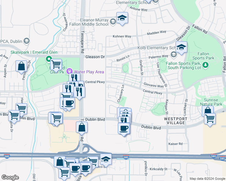 map of restaurants, bars, coffee shops, grocery stores, and more near 3730 Whitworth Drive in Dublin