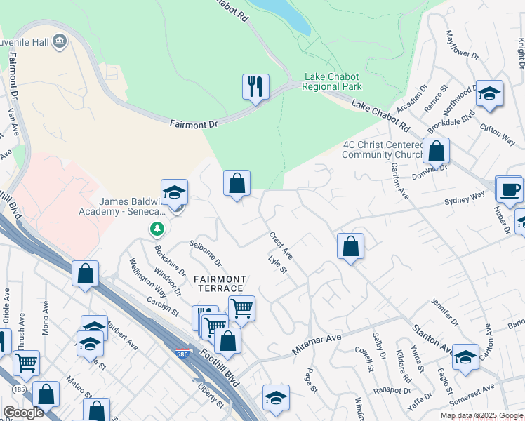 map of restaurants, bars, coffee shops, grocery stores, and more near 2508 Ridge Crest Court in Castro Valley
