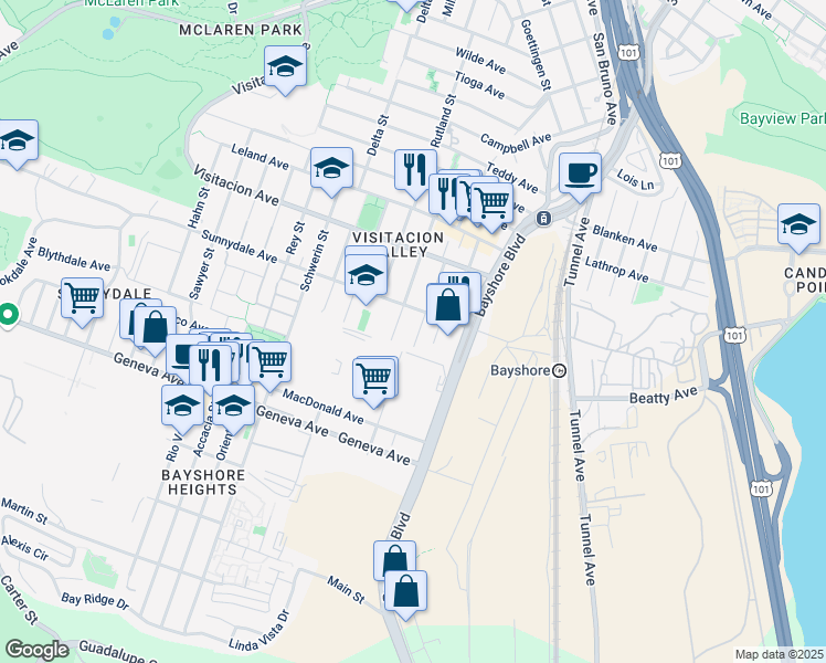 map of restaurants, bars, coffee shops, grocery stores, and more near 280 Talbert Street in San Francisco