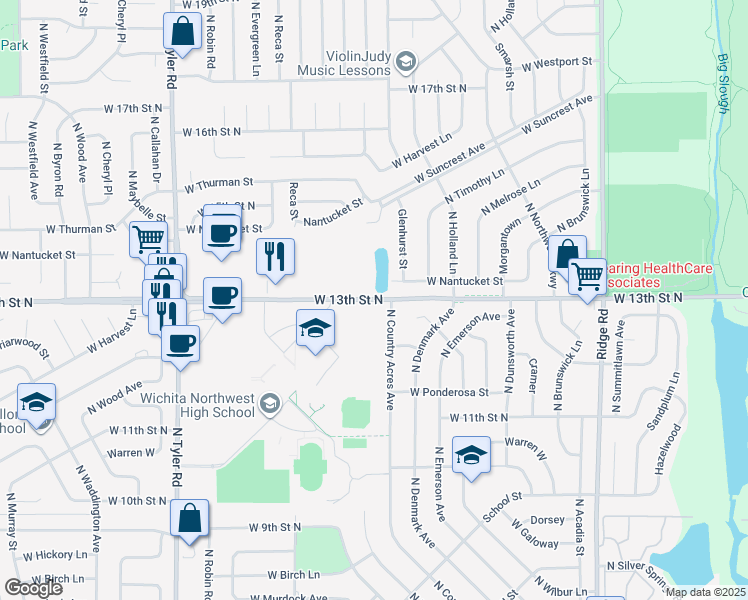 map of restaurants, bars, coffee shops, grocery stores, and more near West 13th Street North in Wichita