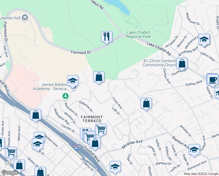 map of restaurants, bars, coffee shops, grocery stores, and more near 18500 Crest Avenue in Castro Valley