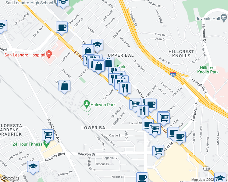 map of restaurants, bars, coffee shops, grocery stores, and more near 1348 147th Avenue in San Leandro