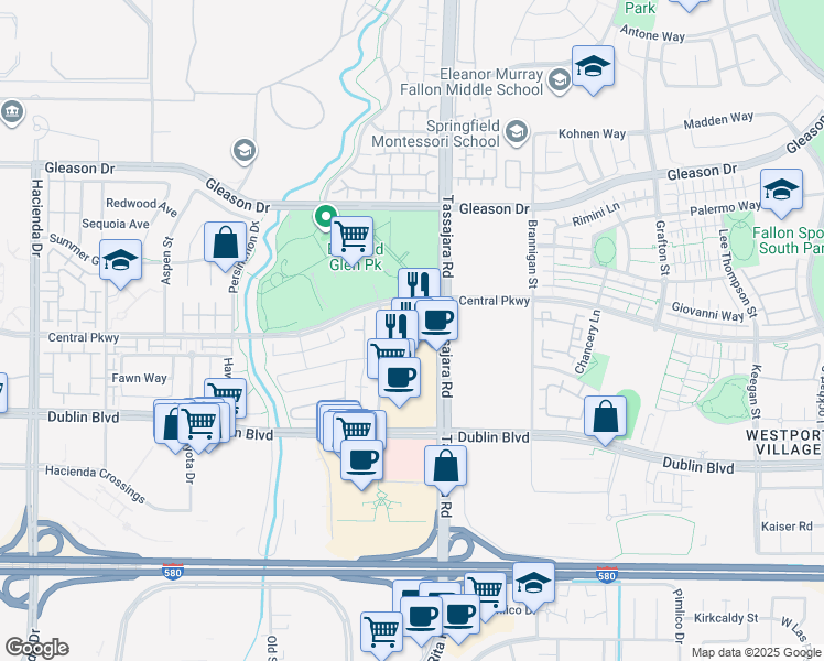 map of restaurants, bars, coffee shops, grocery stores, and more near 4680 Tassajara Road in Dublin