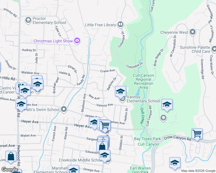 map of restaurants, bars, coffee shops, grocery stores, and more near 5170 Rahlves Drive in Castro Valley