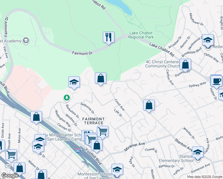 map of restaurants, bars, coffee shops, grocery stores, and more near 2508 Ridge Crest Court in Castro Valley