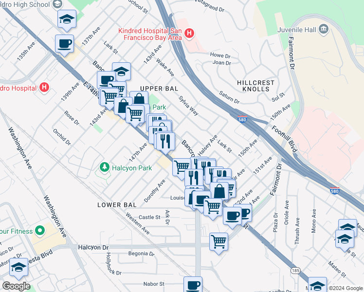 map of restaurants, bars, coffee shops, grocery stores, and more near 14857 Bancroft Avenue in San Leandro