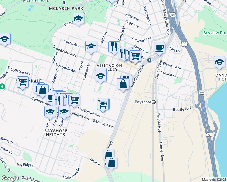 map of restaurants, bars, coffee shops, grocery stores, and more near 280 Talbert Street in San Francisco
