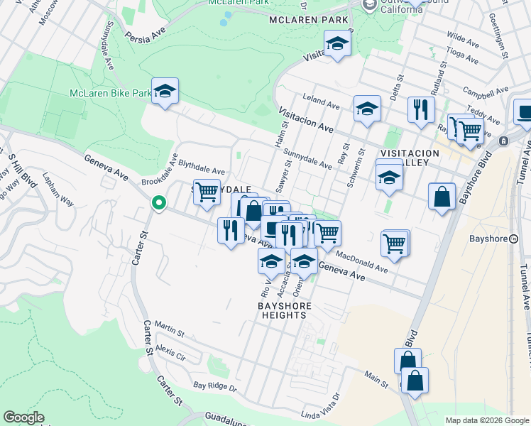 map of restaurants, bars, coffee shops, grocery stores, and more near 38 Calgary Street in San Francisco