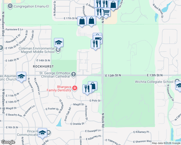 map of restaurants, bars, coffee shops, grocery stores, and more near 7826-7848 East 13th Street North in Wichita