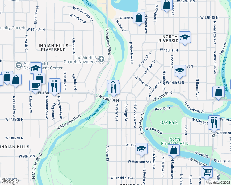 map of restaurants, bars, coffee shops, grocery stores, and more near in Wichita