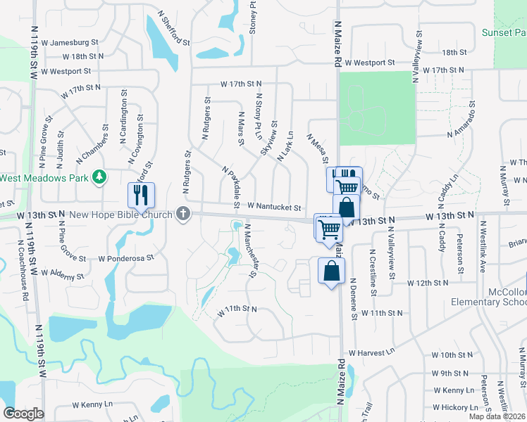 map of restaurants, bars, coffee shops, grocery stores, and more near 10624-10798 West 13th Street North in Wichita