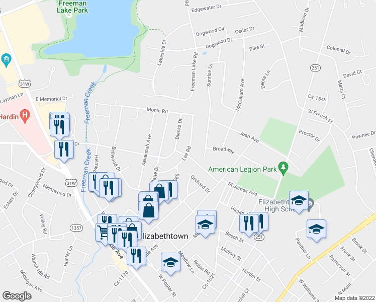 map of restaurants, bars, coffee shops, grocery stores, and more near 510 Lee Road in Elizabethtown