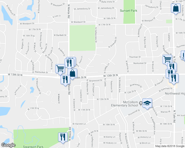 map of restaurants, bars, coffee shops, grocery stores, and more near 1414 North Valleyview Court in Wichita
