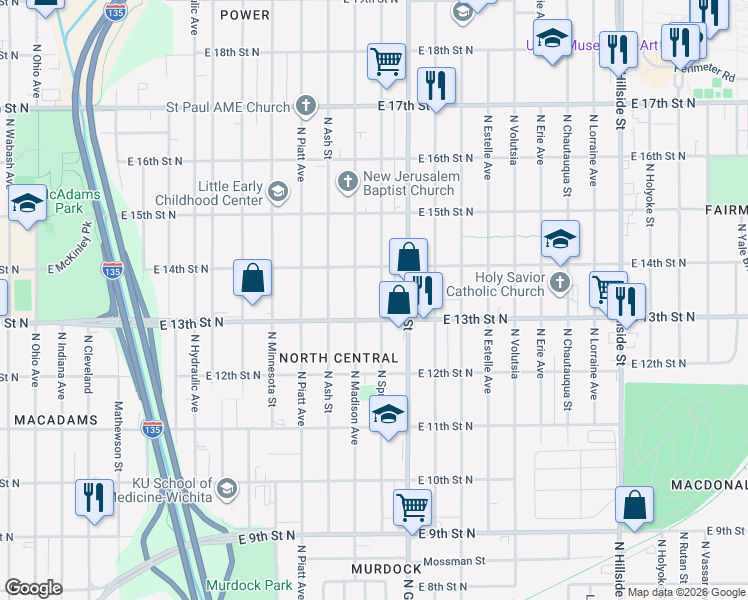 map of restaurants, bars, coffee shops, grocery stores, and more near 1421 North Spruce Street in Wichita