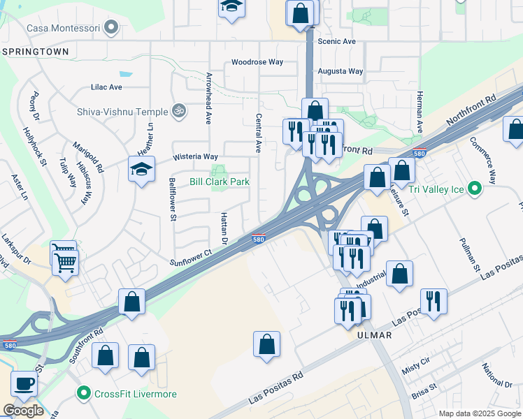 map of restaurants, bars, coffee shops, grocery stores, and more near 725 Central Avenue in Livermore