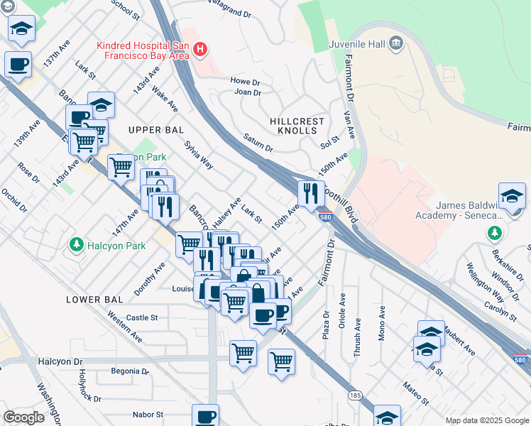 map of restaurants, bars, coffee shops, grocery stores, and more near 14973 Patton Avenue in San Leandro