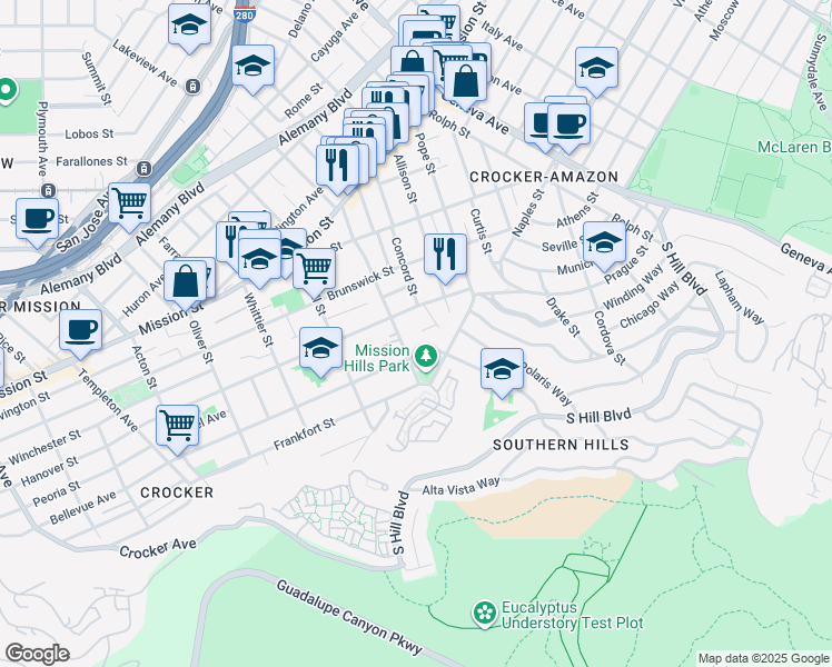 map of restaurants, bars, coffee shops, grocery stores, and more near 369 Guttenberg Street in San Francisco