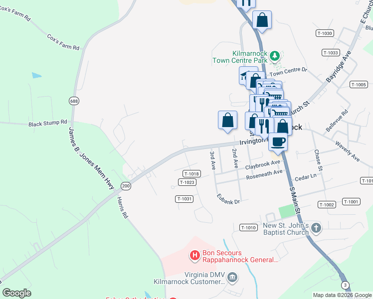 map of restaurants, bars, coffee shops, grocery stores, and more near 335 Irvington Road in Kilmarnock